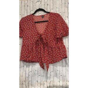 SHEIN Red Floral Tie-Front Blouse